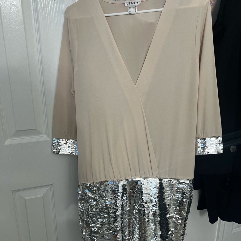 VENUS Cream Wrap-Front Midi Dress with Silver Sequin Trim